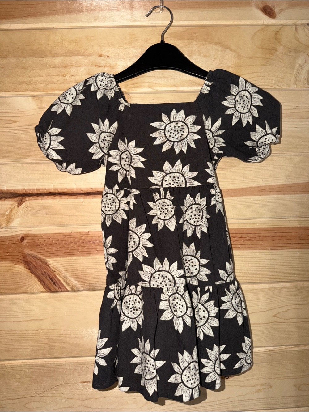 Black Sunflower Print Puff-Sleeve Girls Dress
